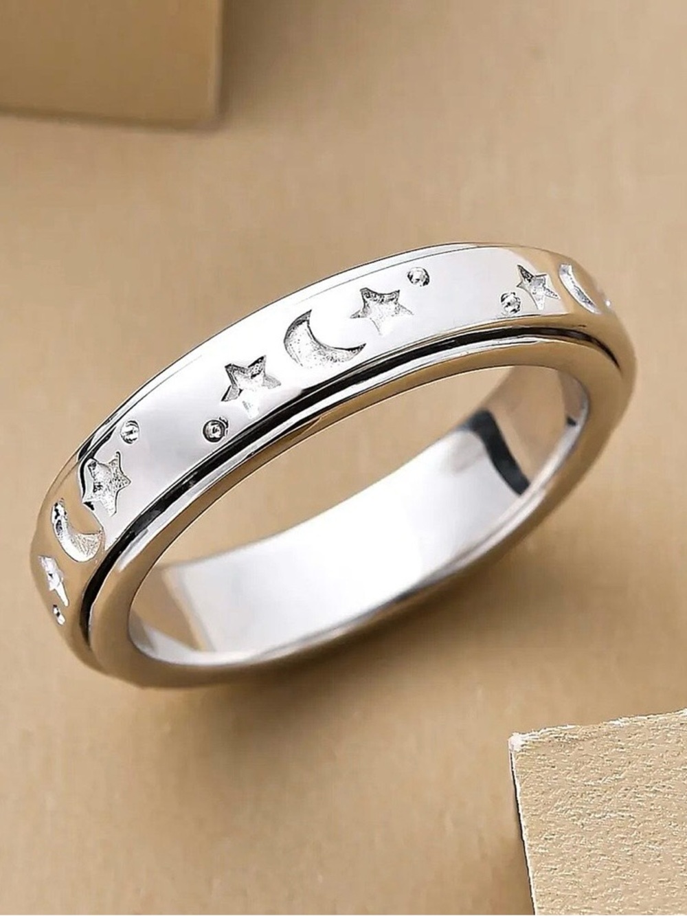 Sterling Silver Moon & Star Anxiety, Fidget Spinner Band Ring - Silver